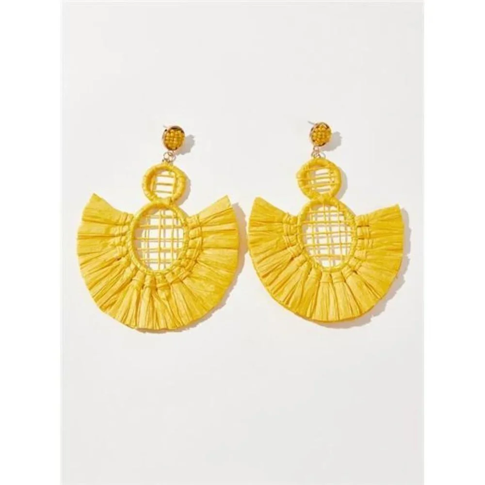 Women’s Statement Raffia Tassel Earrings Boho Dangle Drop Yellow - Picture 1 of 6